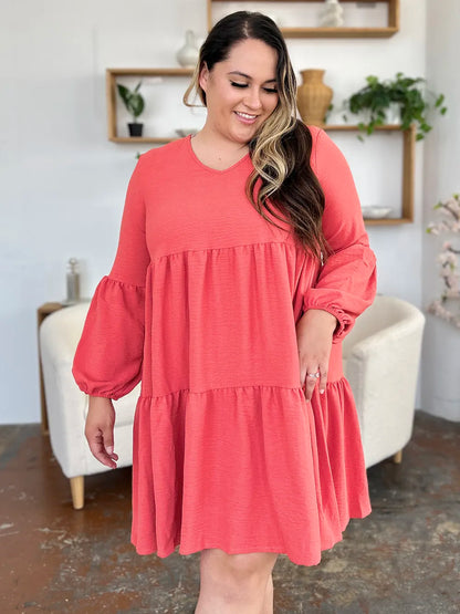 Full Size V-Neck Balloon Sleeve Tiered Dress with Pockets in Light Green, Pink and more - product view 16