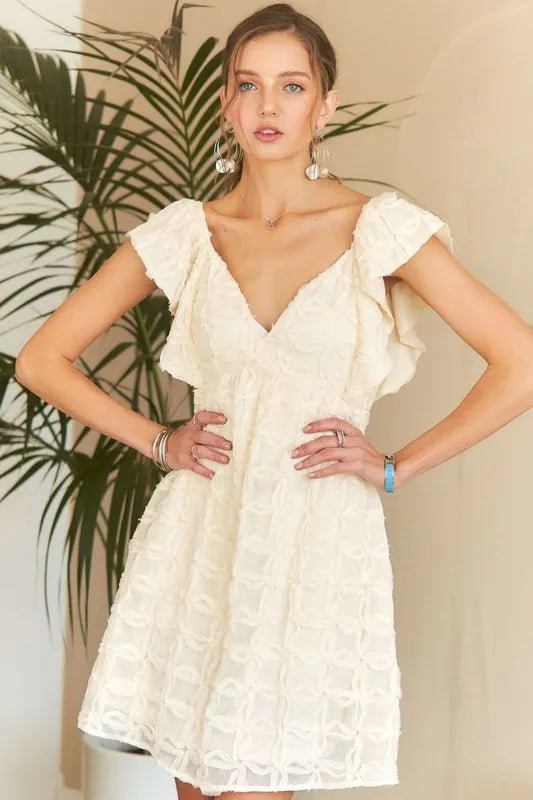 Tie Back V-Neck Ruffle Sleeve Dress in Ivory - product view 4