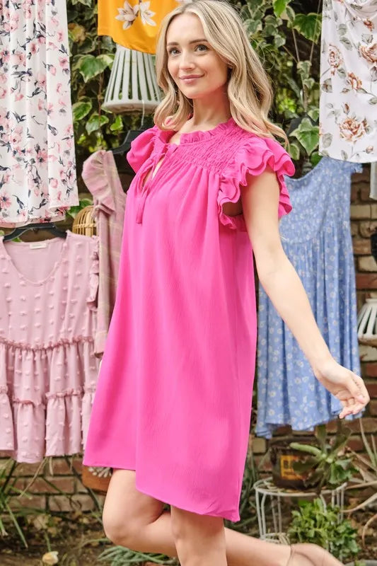 Ruffle Shoulder Smocked Detailed Dress in Fuchsia - product view 5