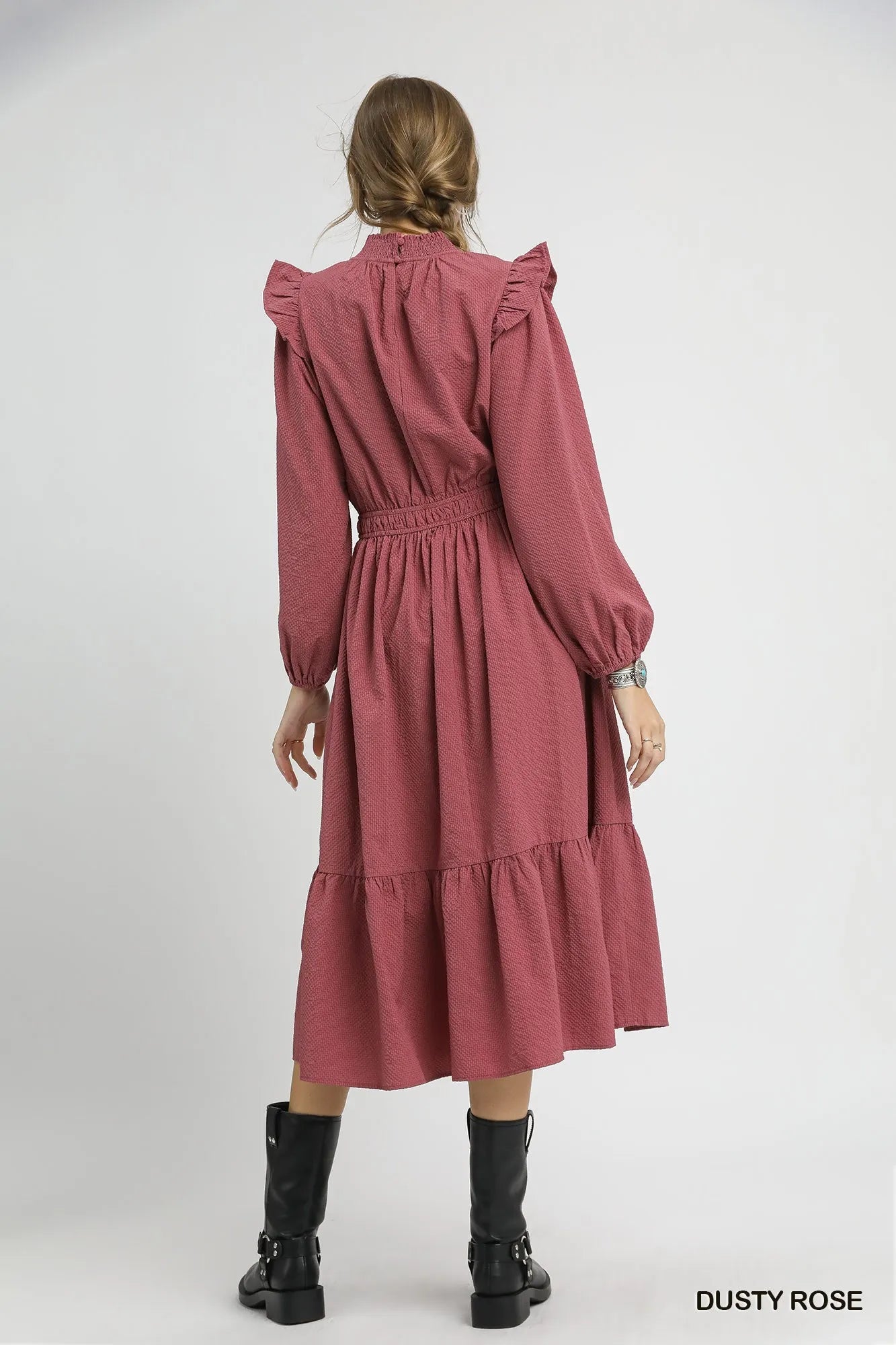 Textured Midi Dress with Ruffle Shoulder Detail - Dusty Rose - product view 5
