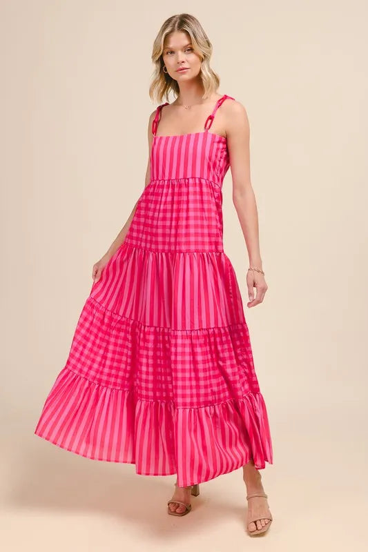 Stripe Tiered Maxi Dress with Colorful Chain Strap in Pink/Red - product view 7