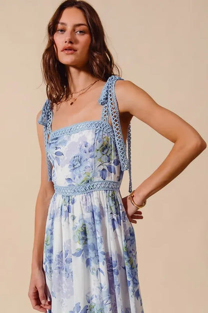 Floral Print Flowy Maxi Dress with Lace Ribbon Tie in Off White/Blue - product view 10