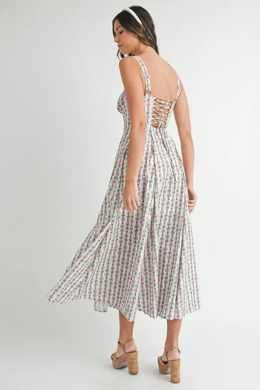 Floral Print Bustier Back Lace Up Midi Dress - Cream - product view 5