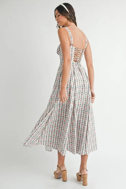 Floral Print Bustier Back Lace Up Midi Dress - Cream - product view 5
