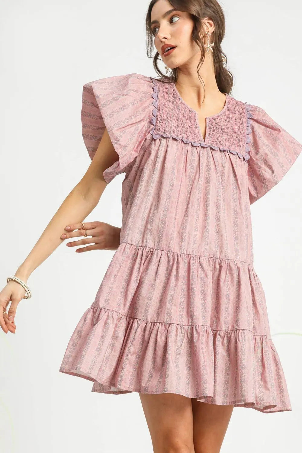 Floral Ruffled Cap Sleeve Tiered Mini Dress - Dusty Pink - product view 1