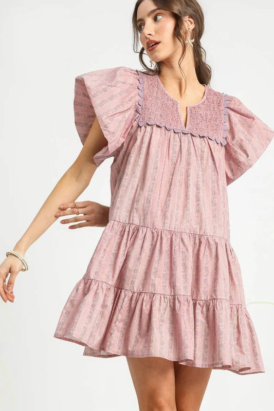 Floral Ruffled Cap Sleeve Tiered Mini Dress - Dusty Pink - product view 1
