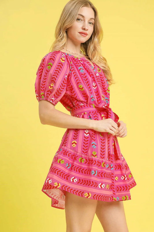 Printed Tie Waist Puff Short Sleeve Mini Dress - Hot Pink - product view 2