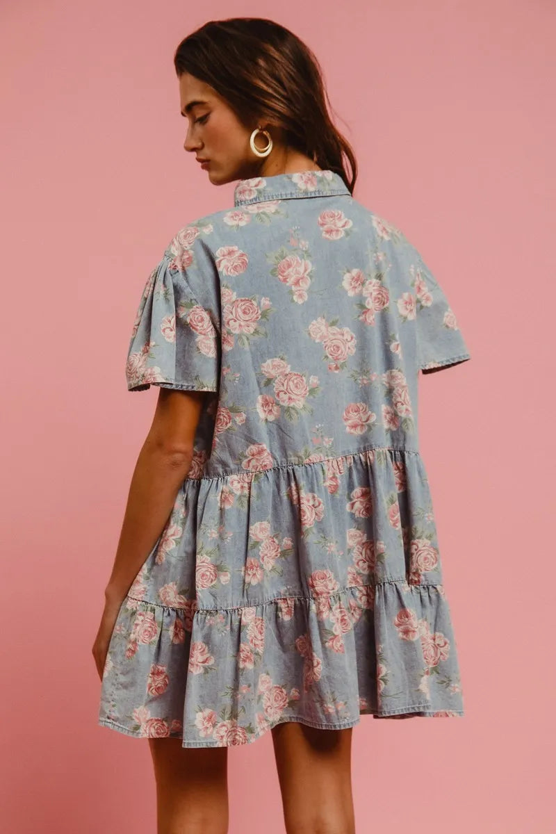 Floral Print Washed Lightweight Tiered Shirt Dress in Lt Denim - product view 4