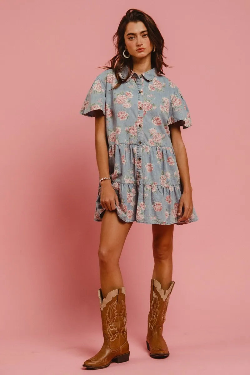 Floral Print Washed Lightweight Tiered Shirt Dress in Lt Denim - product view 6