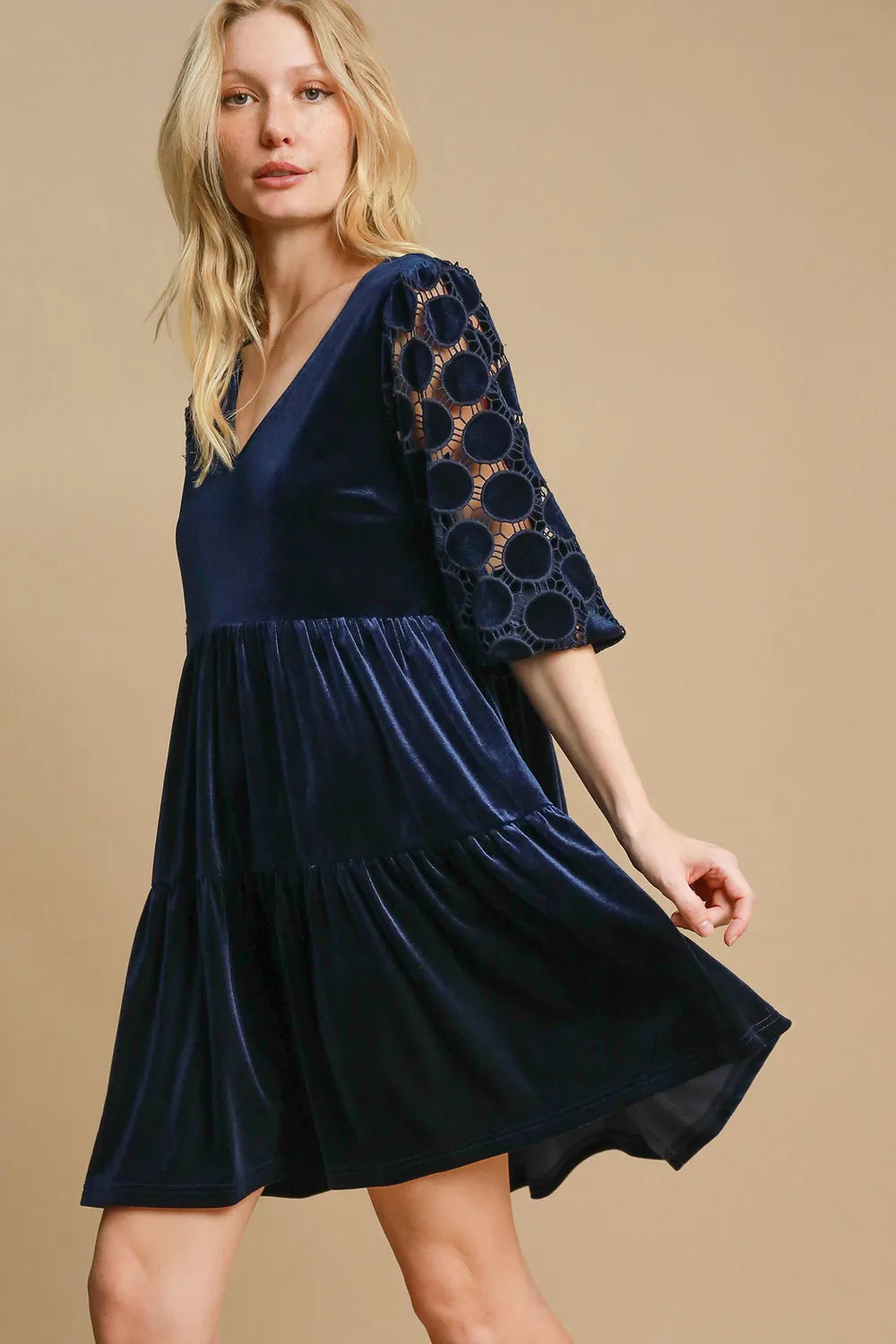 Dotted Lace Sleeve Tiered Velvet Mini Dress - Navy - product view 3
