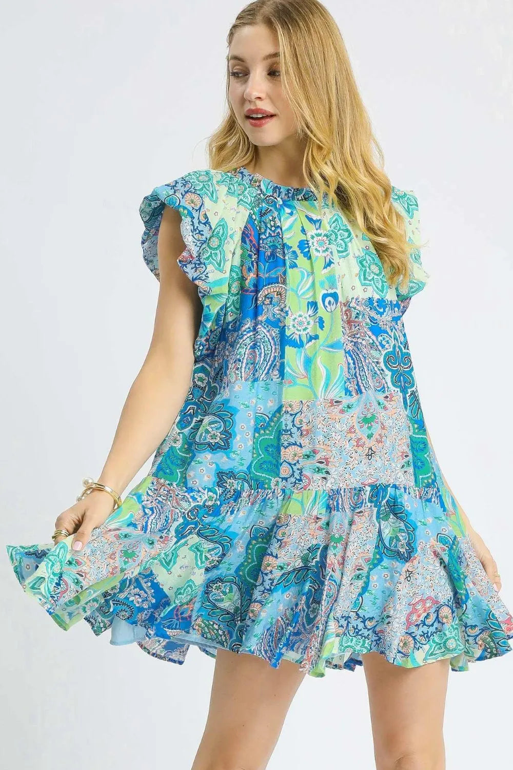 Printed Ruffle Cap Sleeve Mini Dress - Neon Green - product view 2