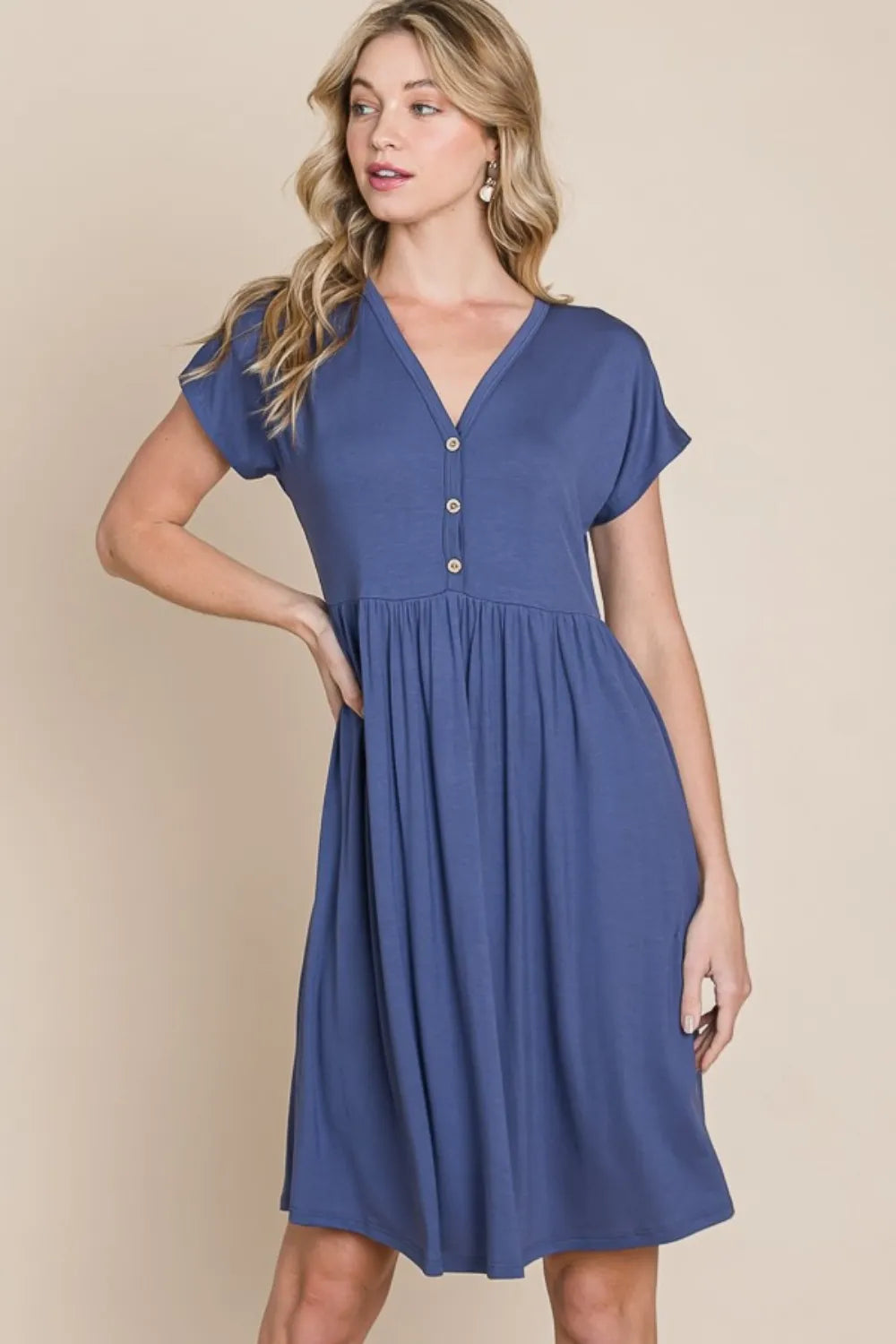 V-Neck Short Sleeve Dress - Blue - product view 1
