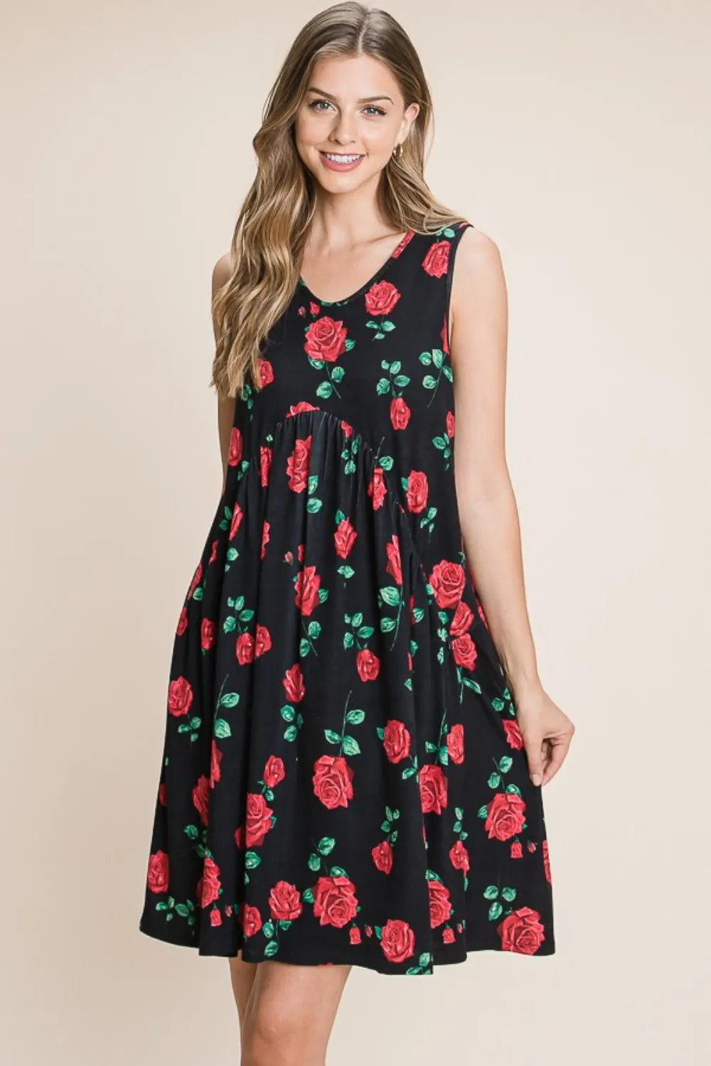 Floral Ruched Tank Dress in Black - product view 1