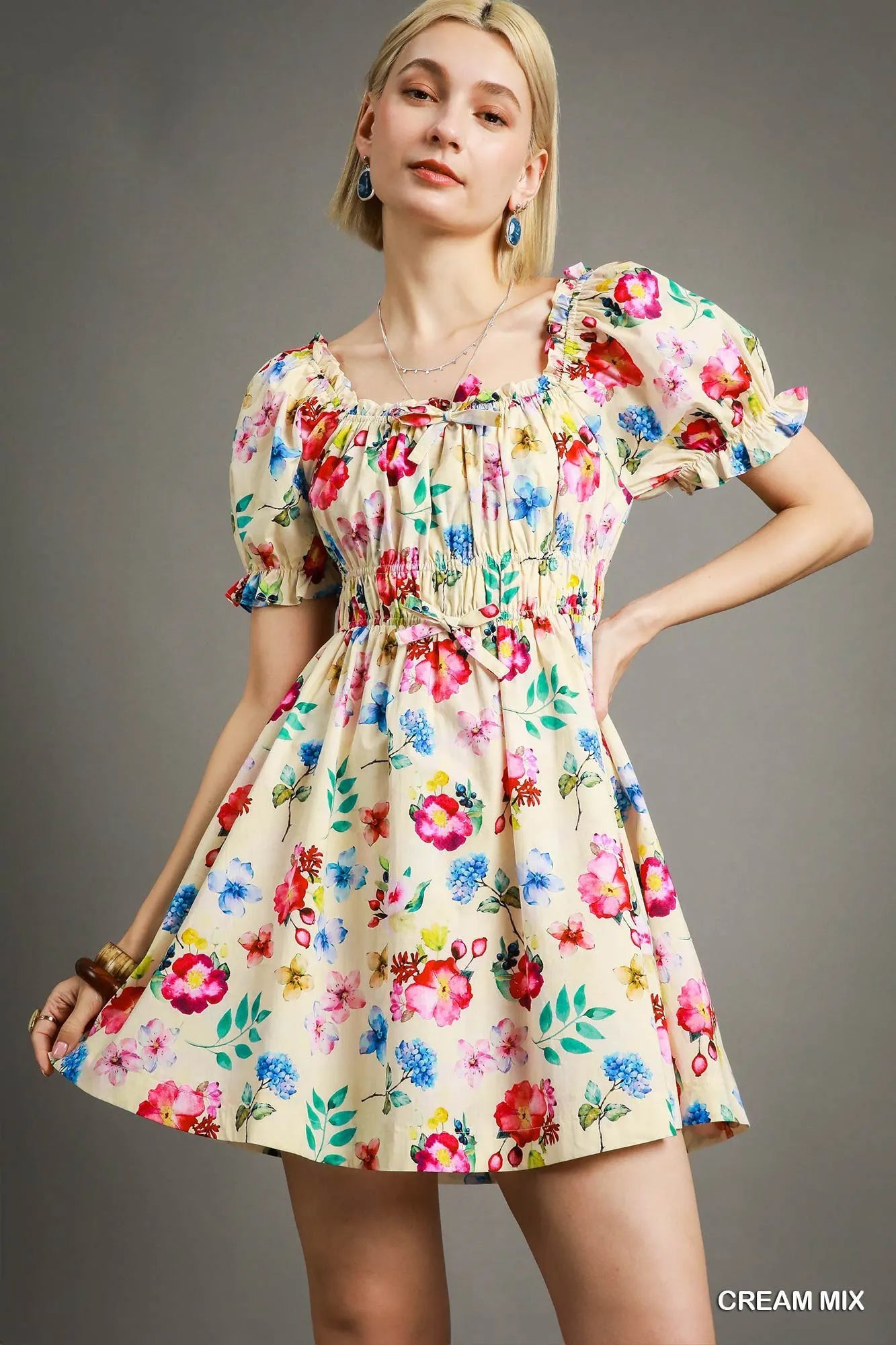 Floral Print Puff Sleeve Mini Dress - Cream - product view 1