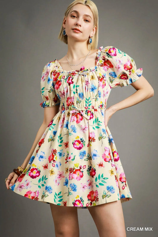 Floral Print Puff Sleeve Mini Dress - Cream - product view 1