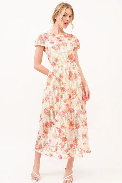 Fish-Net Floral Printed Midi Dress in Multi - product view 1