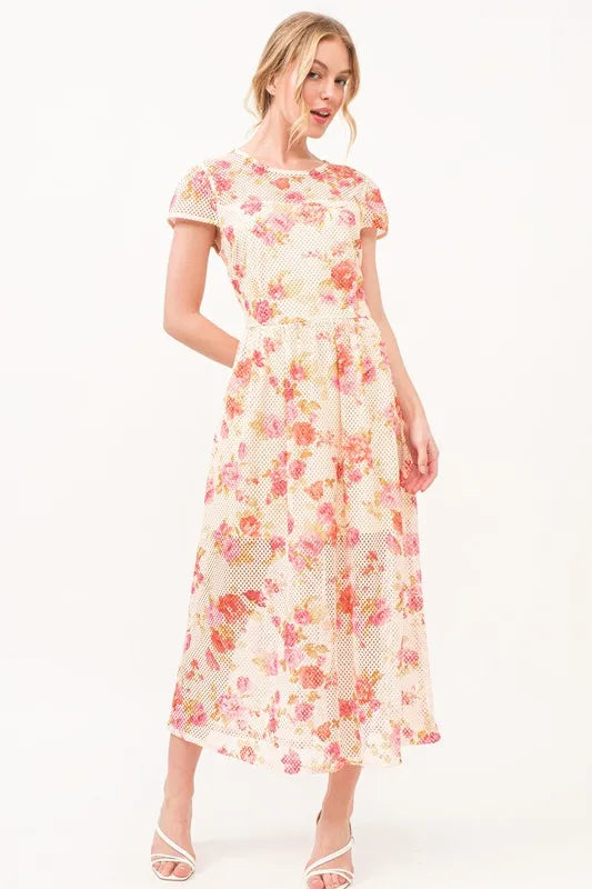 Fish-Net Floral Printed Midi Dress in Multi - product view 1