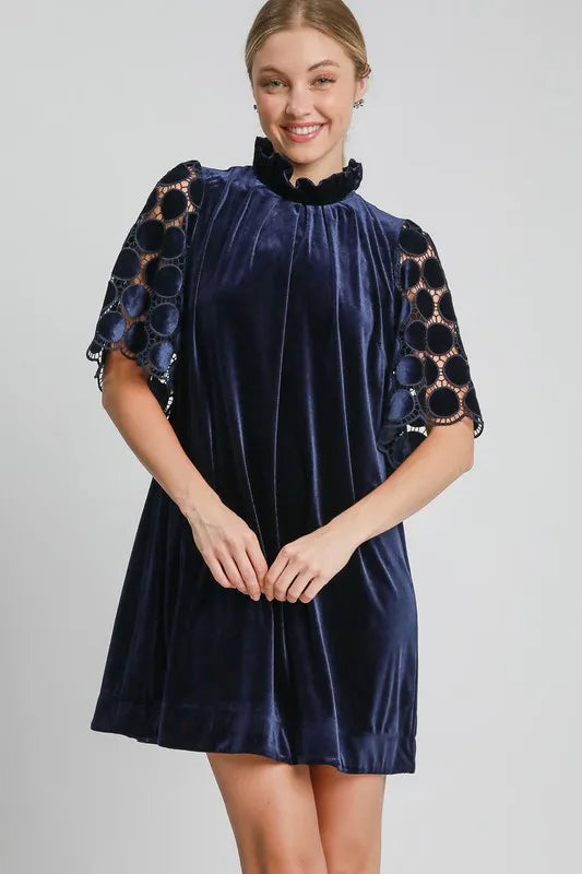 Dotted Lace Half Sleeve Mock Neck Back Tie Velvet Dress in Navy - product view 1