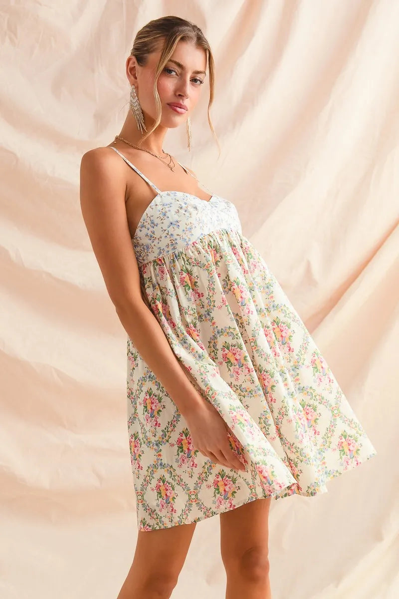 Mixed Floral Print Sleeveless Mini Dress in Cream Combo - product view 7