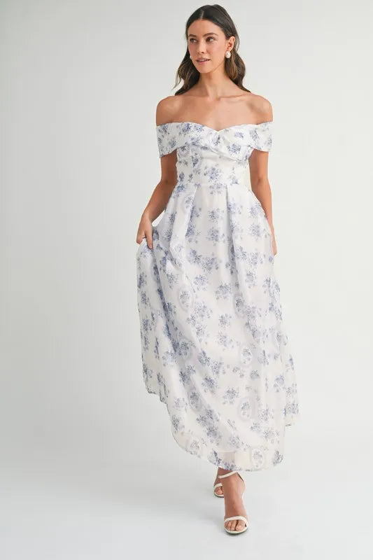 Floral Printed Off Shoulder Maxi Dress in Blue - product view 4