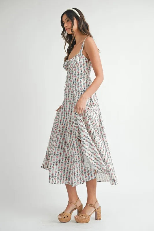 Floral Print Bustier Back Lace Up Midi Dress - Cream - product view 8