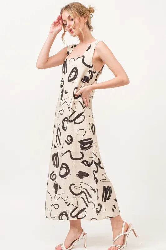 Square Neck Abstract Printed Maxi Dress in Beige - product view 3