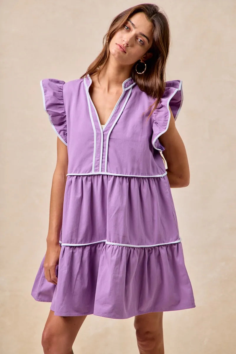 Gameday Theme Contrast Binding Ruffled Dress - Purple - product view 7