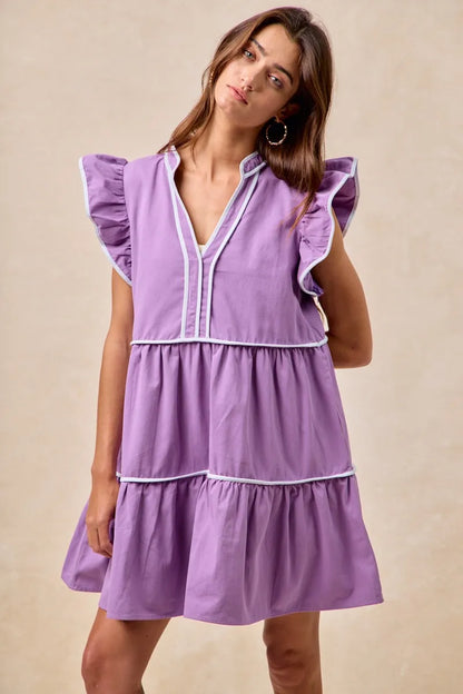 Gameday Theme Contrast Binding Ruffled Dress - Purple - product view 7