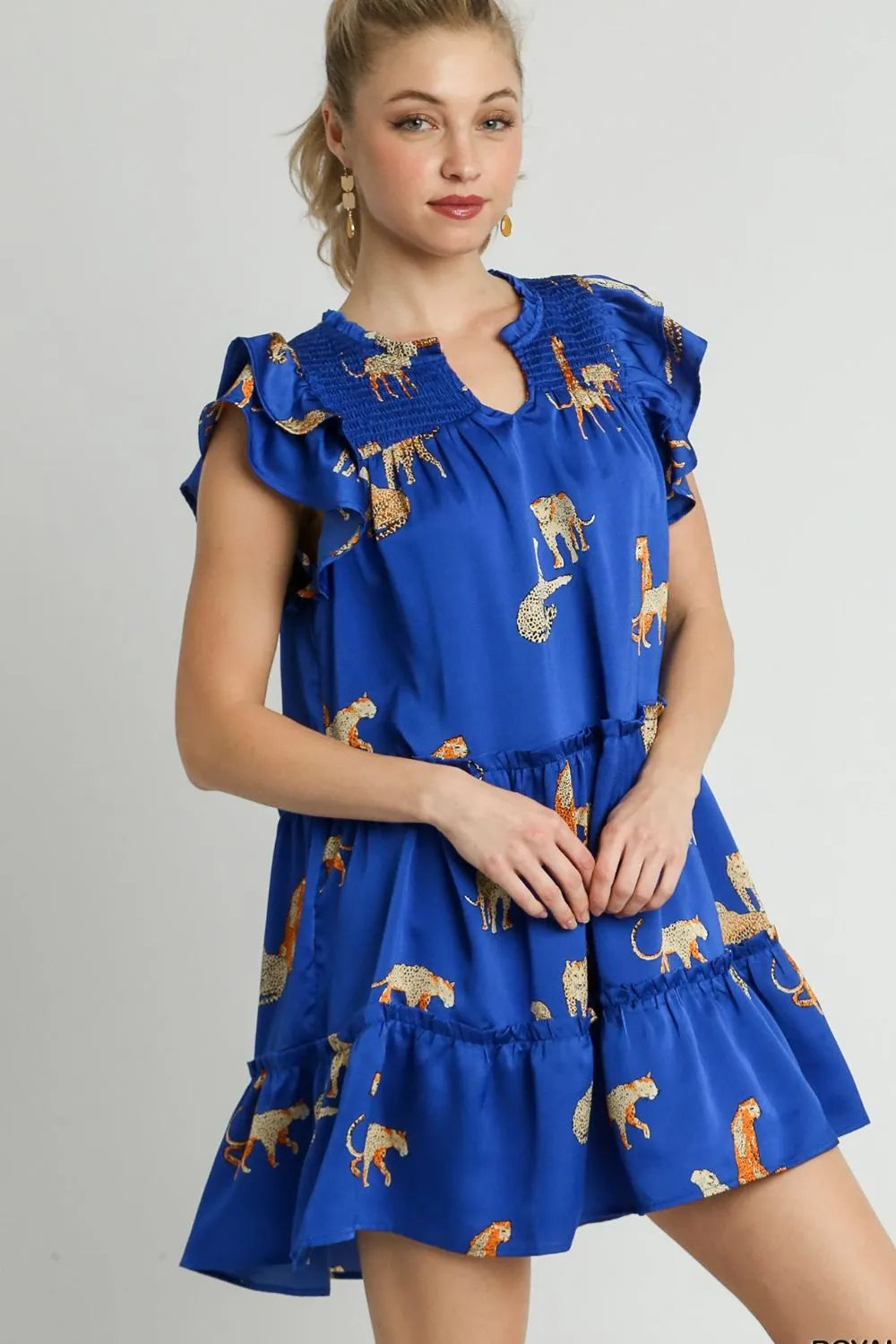 Full Size Cheetah Print Notched Ruffle Layered Cap Sleeve Mini Dress Plus Size in Royal Blue - product view 1