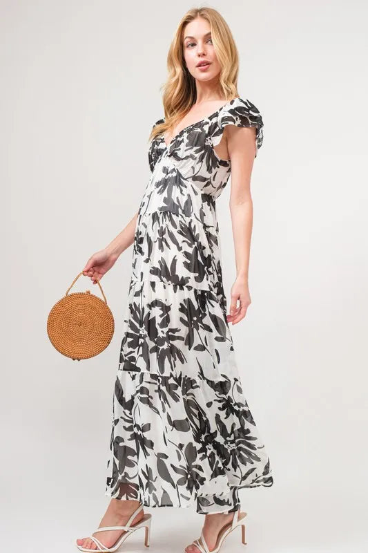 Ruffled Sleeve Tiered Floral Print Maxi Dress in Black Cream - product view 3