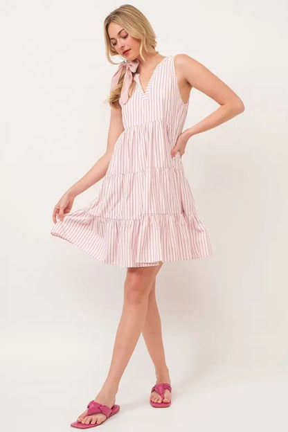 Striped Sleeveless V-Neck Tiered Dress in Pink - product view 2