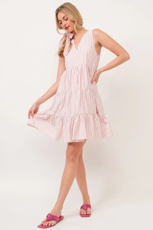 Striped Sleeveless V-Neck Tiered Dress in Pink - product view 2