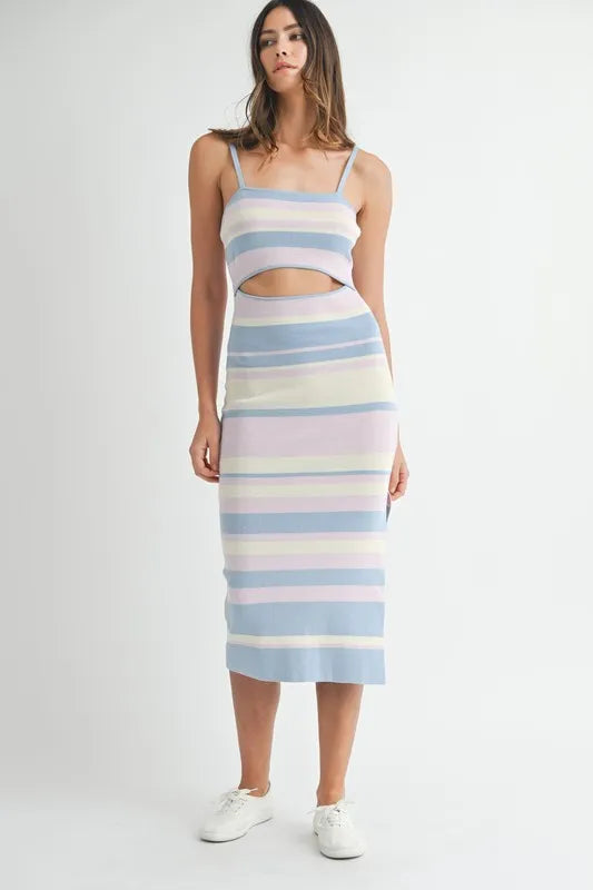 Multi Color Striped Front Cutout Knit Midi Dress in Lt Blue Multi - product view 2