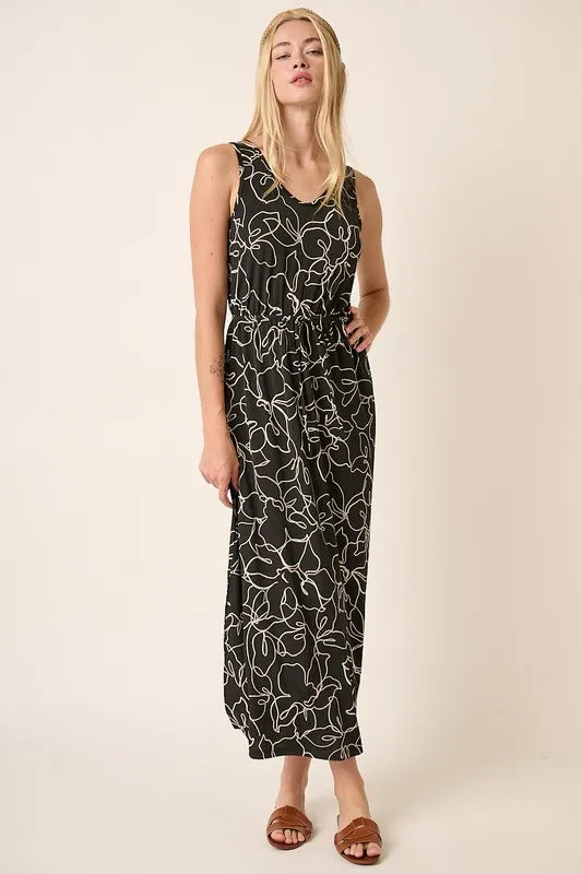 Side Slit Flower Print V-Neck Sleeveless Dress in Black - product view 2