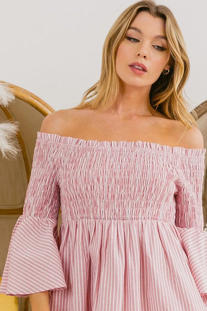 Smocked Off Shoulder Striped Dress - Blush - product view 4