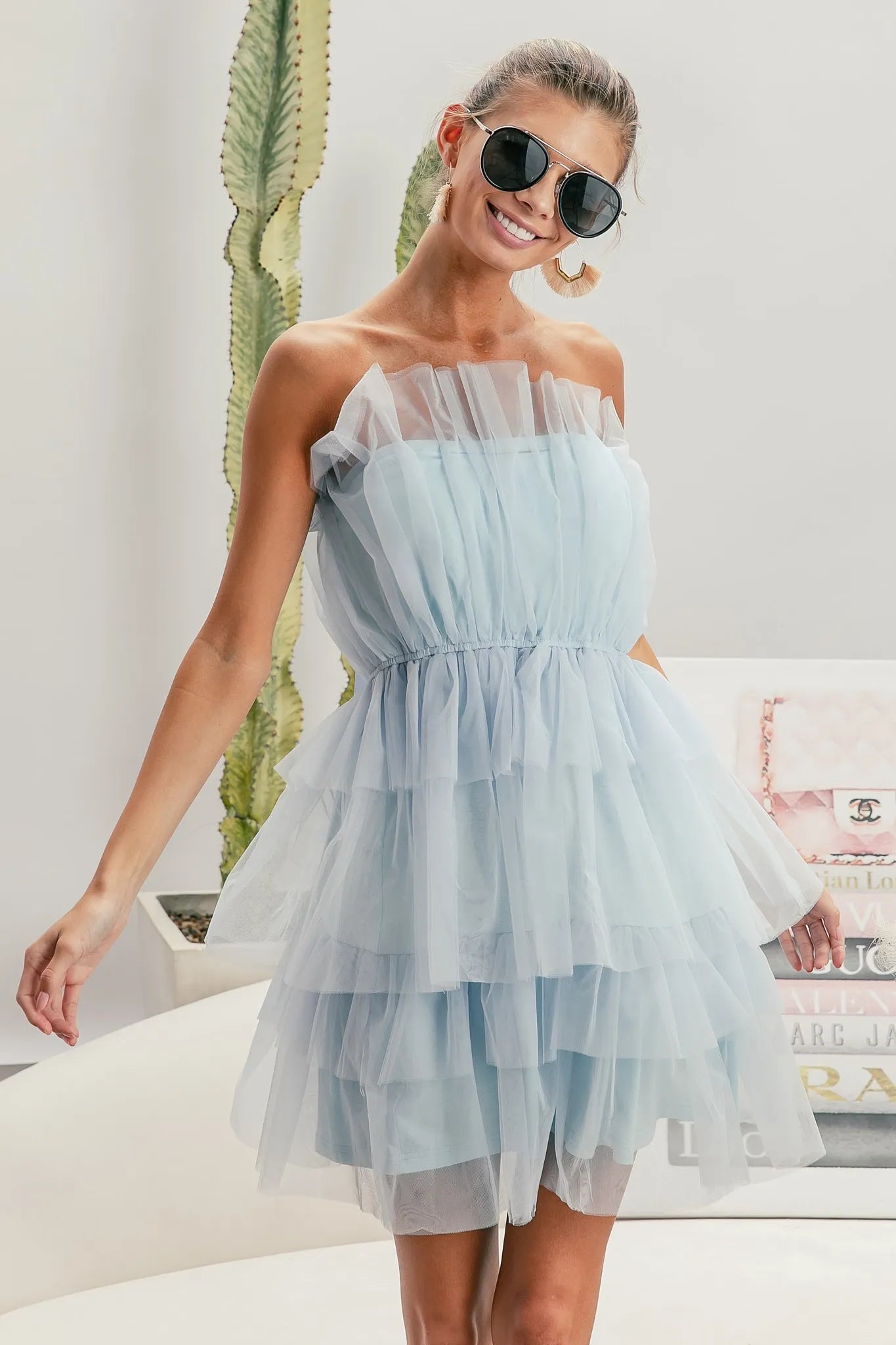 Sleeveless Layered Organza Dress in Sky Blue - product view 11