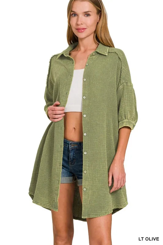 Washed Double Gauze Button Down Shirt Dress - Lt Olive - product view 5