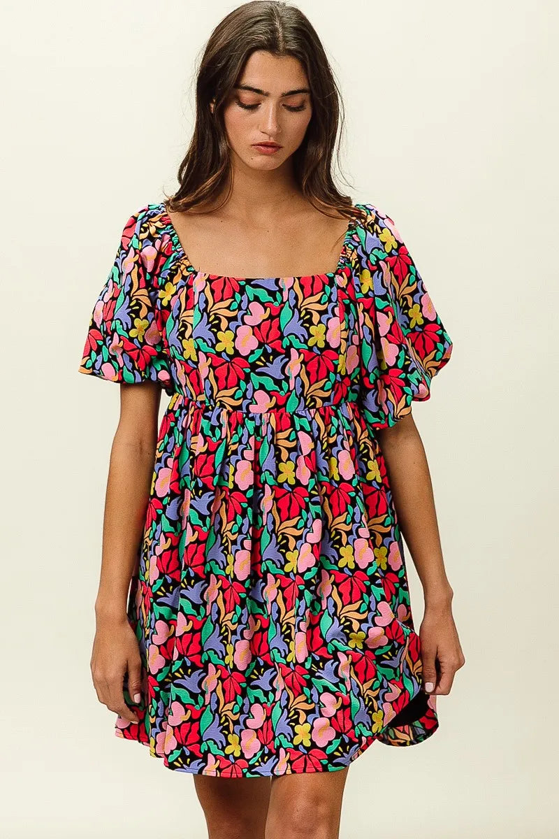 Floral Print Puff Square Neck Dress in Black Multi - product view 12