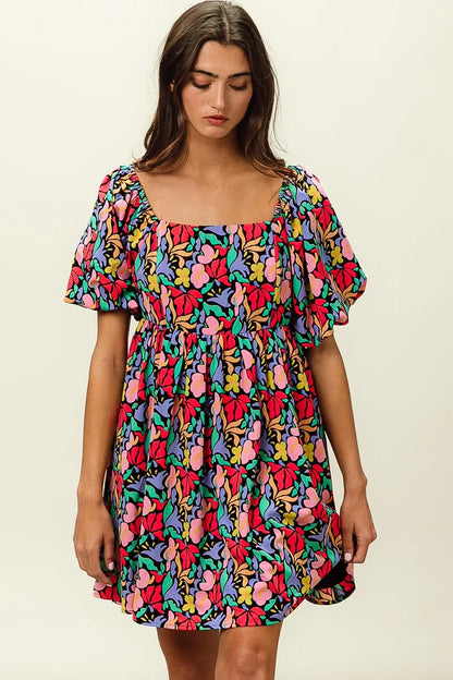 Floral Print Puff Square Neck Dress in Black Multi - product view 12