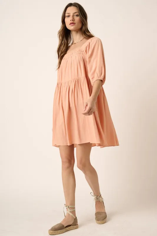 Pintuck Detail Tie Back Mini Dress in Apricot - product view 5