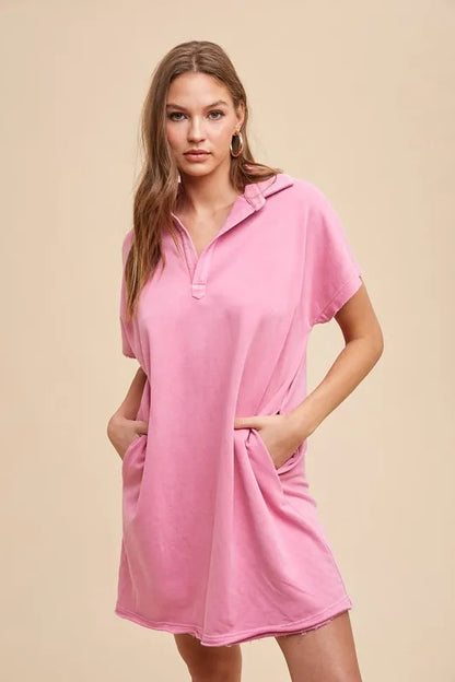 Mineral Washed Johnny Collar Short Sleeve Dress - Fuchsia Pink - product view 4