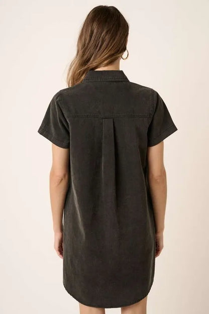 Button Detail Collared Neck Short Sleeve Shirt Dress - Black - product view 5