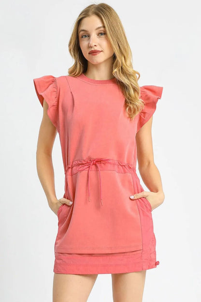 Luxe knit Ruffle Sleeve Drawstring Mini Dress - Strawberry - product view 1