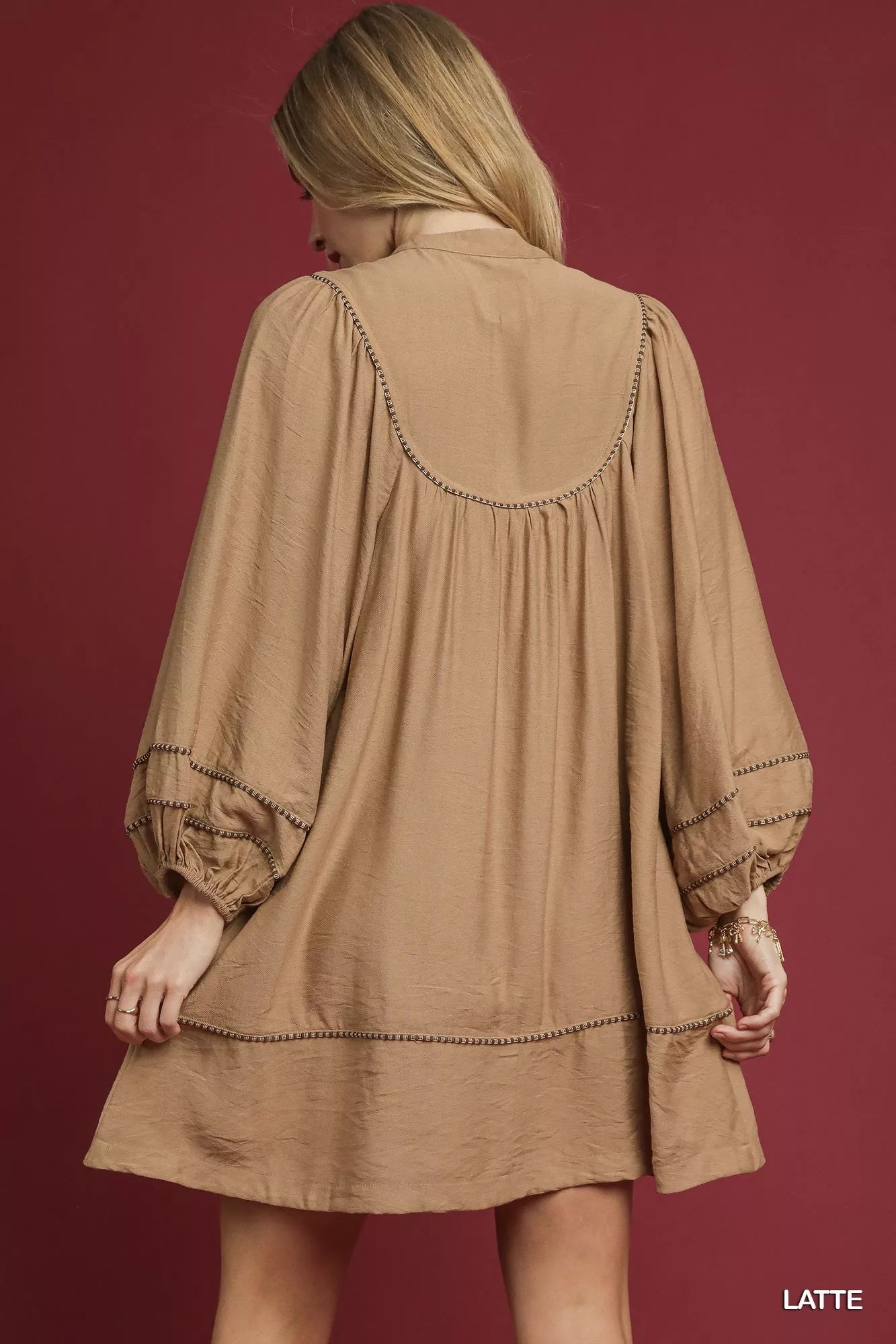 Boho Peasant Mini Dress with Trim Detail in Latte - product view 3