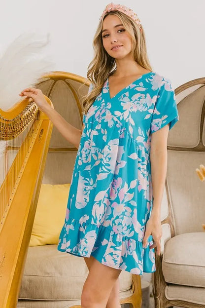 Floral Crinkle Shirred Ruffle Detail V Neck Dress in Soft Blue - product view 15