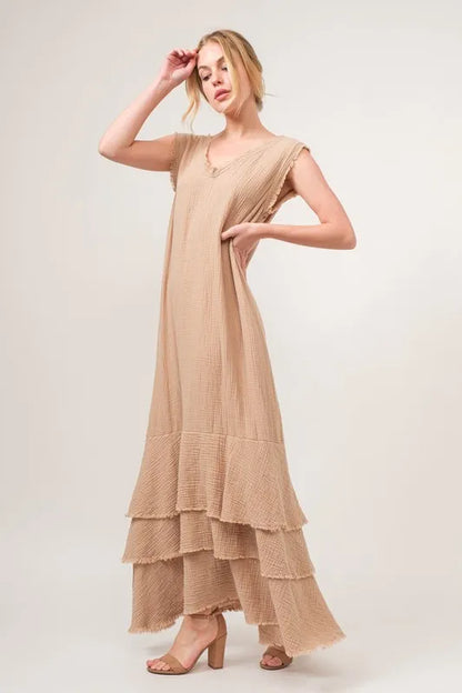 Washed Cotton Gauze Fringe Detail Tiered Dress - Sand - product view 4