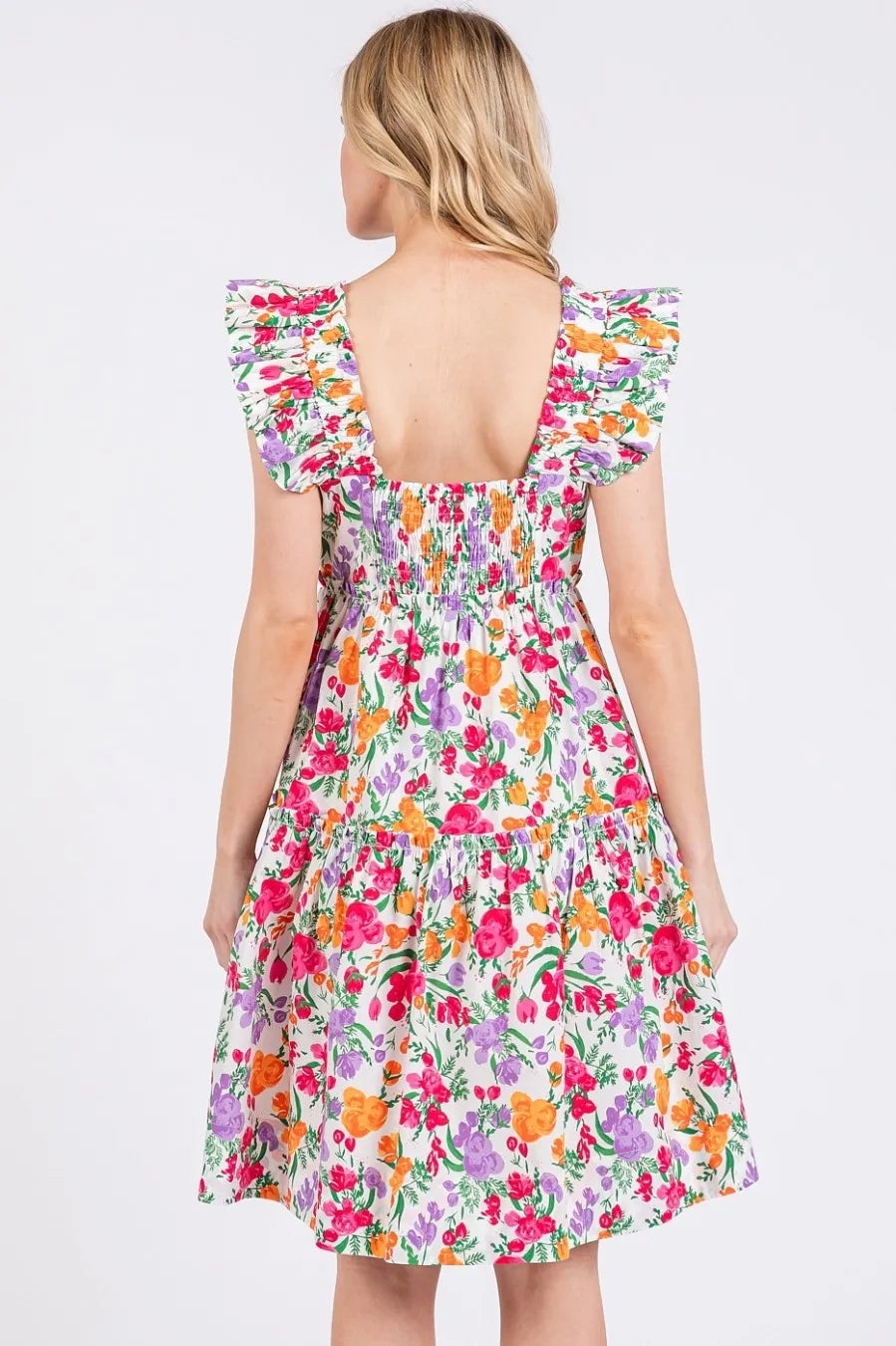 Flower Print Ruffle Shoulder A-line Mini Dress in Ivory Multi - product view 4