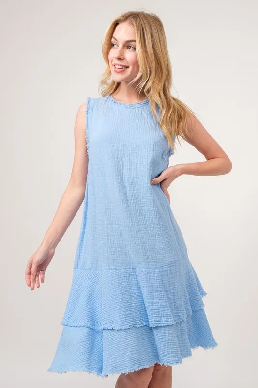 Washed Fringe Detail Tiered Dress in Baby Blue - product view 1