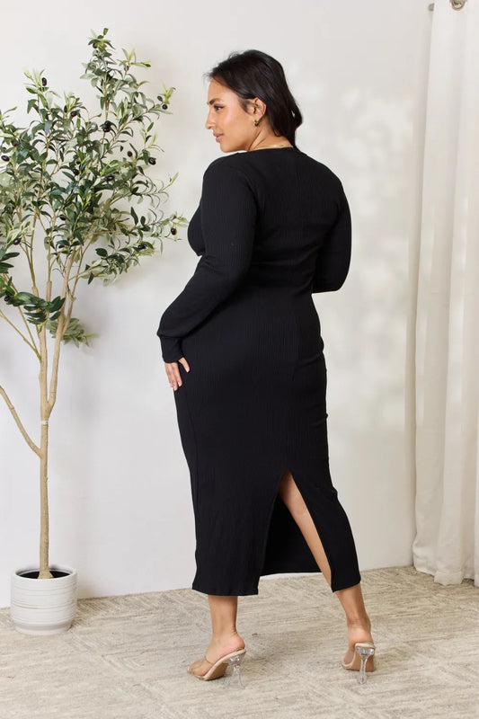 Full Size Ribbed Long Sleeve Midi Slit Dress in Black - product view 2