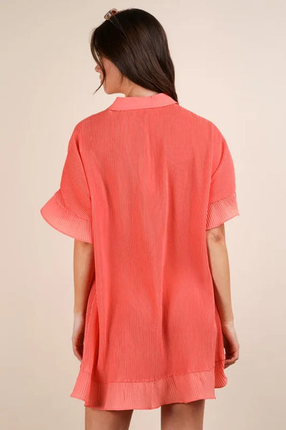 Pleated Detail Button Down Mini Dress - Orange - product view 3